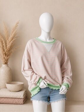 🌸🩷 Peach Love California Pink & Mint Striped Oversized Sweatshirt Top 🩷🌸